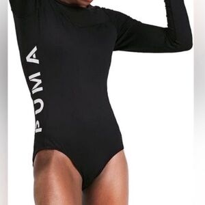 Puma Bodysuit Size Medium Black Longsleeve Sweetheart Mesh Neckline Logo Side